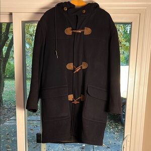 L.L. Bean Men's Black Duffle Coat with Brown Accents